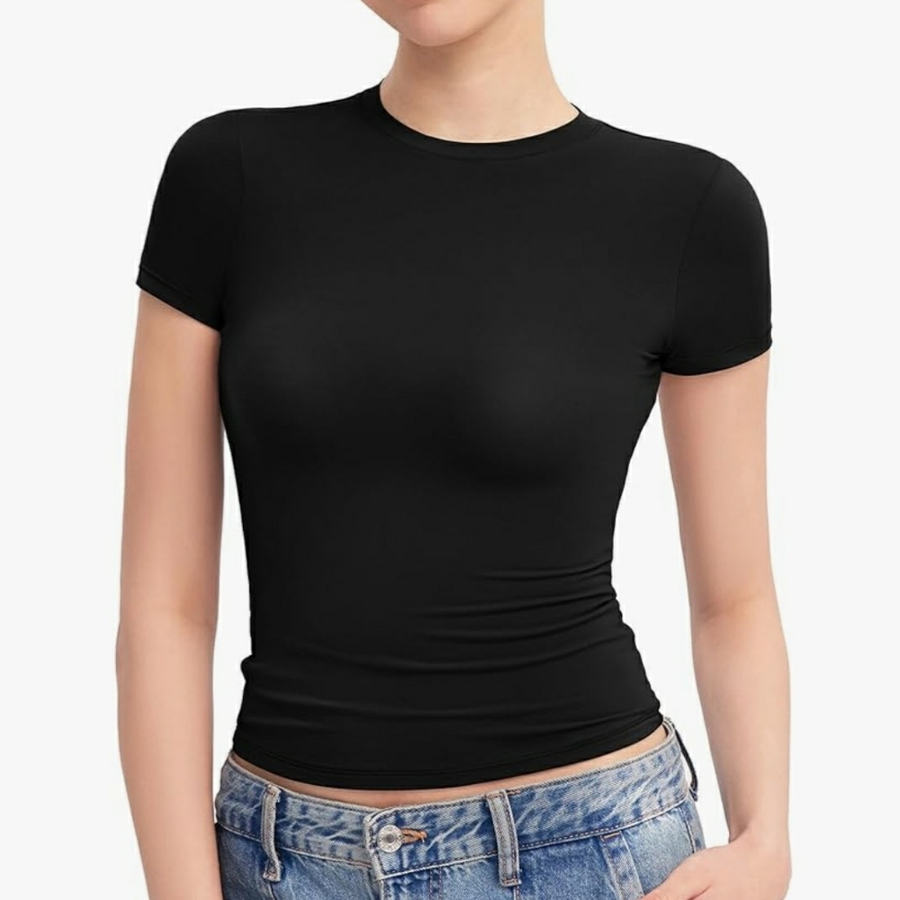 Black Form Fitted Rave Techno Style  Crop T-Shirt with Short Sleeves